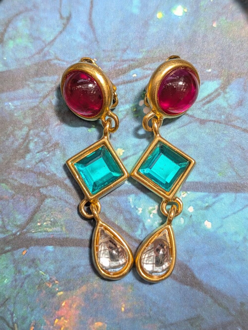 1970's Vintage Gold Tone Gem Colorful Rhinestone & Jelly Belly Drop Earrings